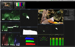 A dark-themed video editing software interface with multiple windows showing video clips, waveforms, and color data.