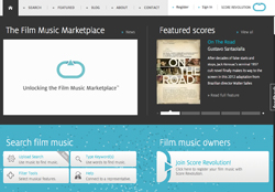 Website interface for The Film Music Marketplace featuring featured scores and search options.