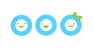 Three light blue circular characters with pixelated green eyes and mouths on a white background.