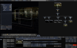 A complex digital video editing software interface showing a 3D workspace, node graph, and timeline.