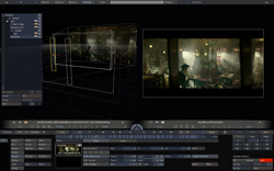 A dark software interface showing a 3D wireframe workspace and a cinematic video preview window.