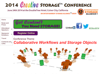 Banner for the 2014 Creative Storage Conference featuring event details and social media icons.