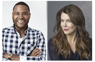 A man in a plaid shirt smiles on the left, and a woman with wavy brown hair looks forward on the right.