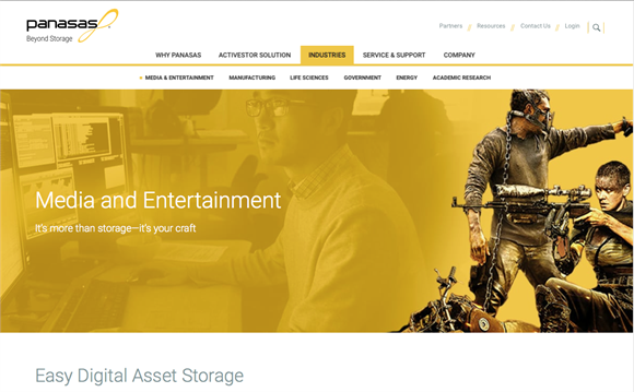 Panasas website showing a man at a computer and characters from an action game in a yellow tint.