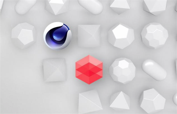 A red hexagonal prism stands out among various white geometric shapes on a light gray surface.