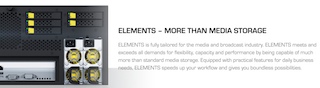 Close-up of server hardware next to text promoting ELEMENTS media and broadcast storage solutions.