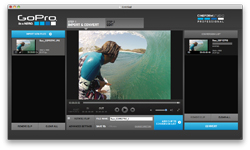 A dark-themed video editing software interface showing a surfer in a wave and file lists.