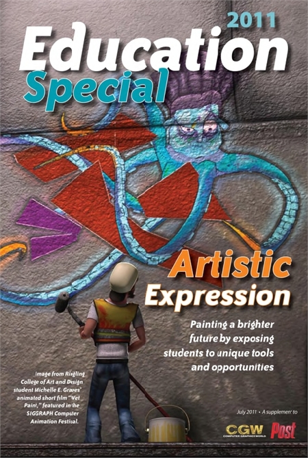Magazine cover showing a person in a safety vest looking at a large blue octopus mural on a textured wall.