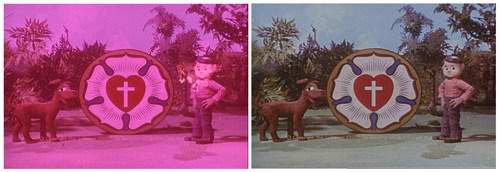 Two identical cartoon scenes side-by-side, one tinted pink and one in natural colors, featuring a dog and a character.