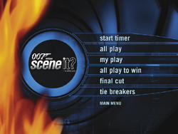 A dark blue menu screen with orange flames on the left and a circular logo with text options.