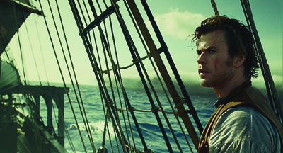 A man with wavy hair looks intensely toward the horizon from the rigging of a sailing ship at sea.
