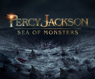 Title text 'Percy Jackson Sea of Monsters' over dark, churning ocean waves with shark fins.