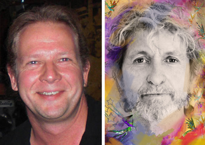 A split image showing a smiling man's photograph on the left and a colorful, artistic portrait on the right.