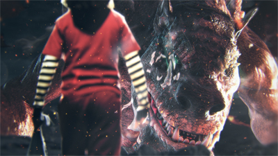 A person in a red shirt and striped sleeves stands in front of a large, toothy, scaly creature.