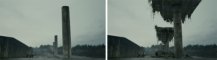 Two shots of tall concrete pillars and ruins under a gray, overcast sky in a desolate landscape.
