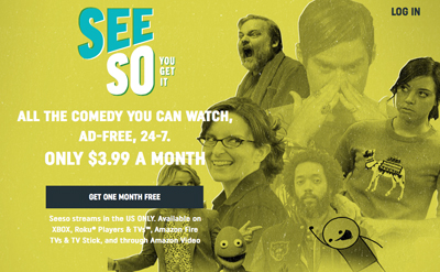 Yellow advertisement for SeeSo comedy streaming service featuring various people's faces.