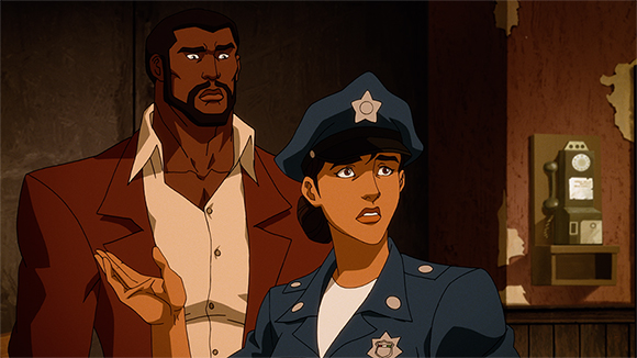 Animated man in a brown jacket and woman in a blue police uniform look ahead with worried expressions.