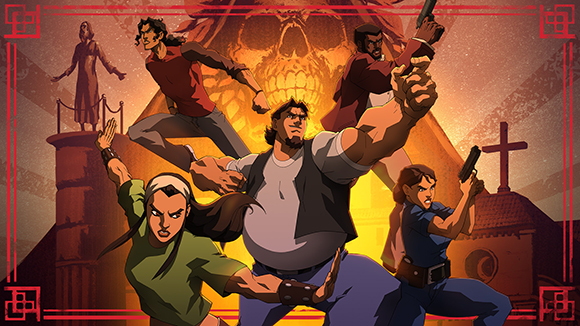 Five animated characters in combat poses set against a large glowing skull and a church silhouette.