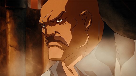 Animated close-up of a muscular, bald man with a mustache and an intense expression.