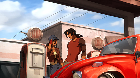 An animated man and woman stand by a red car at a vintage gas station under a blue sky.