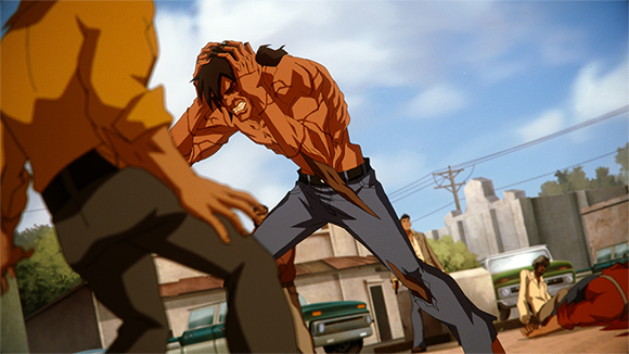 An animated muscular man grimaces and clutches his head while facing another person outdoors.
