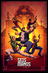 Animated poster of diverse characters in action poses against a large skull and sunburst background.