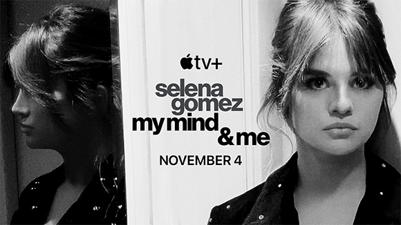 Black and white poster featuring two portraits of Selena Gomez and the title 'my mind & me'.
