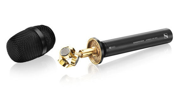 A black Sennheiser Ambeo VR microphone with its mesh windscreen detached, showing the gold-colored capsule.