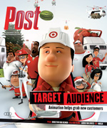 Animated characters in red and white uniforms, some holding tools, with a man in a Target hat in the foreground. Text reads '