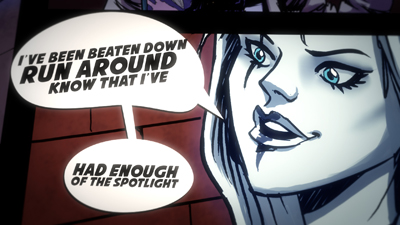 A comic book panel showing a close-up of a woman's face with speech bubbles containing text.