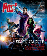 Guardians of the Galaxy characters Star-Lord, Gamora, Drax, Rocket, and Groot are depicted in a dynamic pose against a cosmic