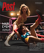 Two women in wrestling attire in a ring, one pinning the other. "Main Event" text is visible.