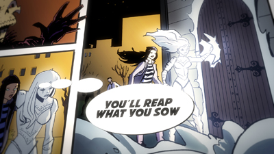 Comic art showing a ghostly white figure and a woman walking toward a large door under a dark sky.