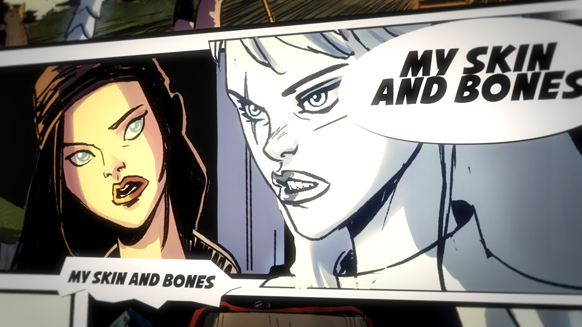 Comic panel showing a woman with dark hair and a woman with light hair saying 'MY SKIN AND BONES'.