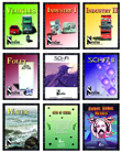 Nine diverse colorful covers arranged in a three-by-three grid with various titles and themes.