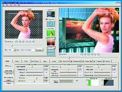 Software interface showing a video preview of a woman and various editing control panels and sliders.