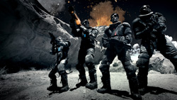 Four soldiers in dark tactical gear stand on a rocky, moon-like surface under a dark sky with an explosion.
