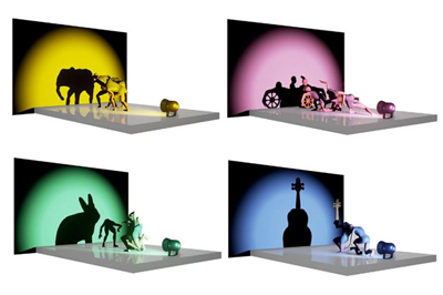 Four rectangular stages featuring silhouettes and 3D figures against yellow, pink, green, and blue spotlights.