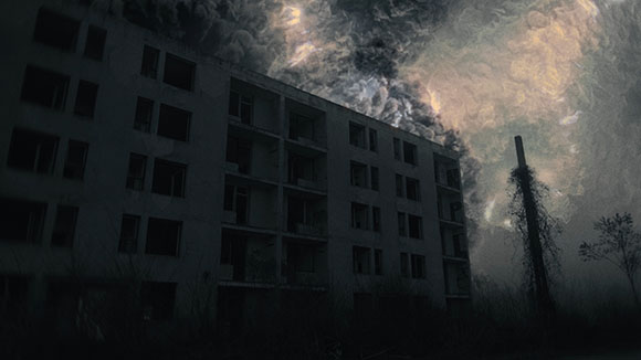 A dark, multi-story abandoned building silhouette against a swirling, dramatic cloudy sky.
