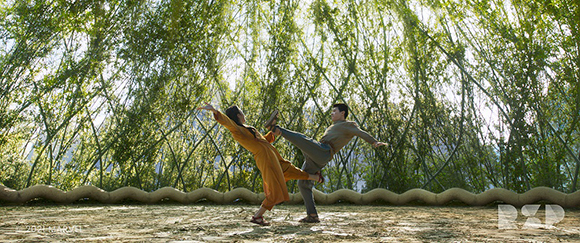 A person in orange jumpsuits and a person in grey performing high kicks in front of dense bamboo.