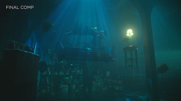 A person floats mid-air in a dark room filled with levitating books, lamps, and furniture under blue light.