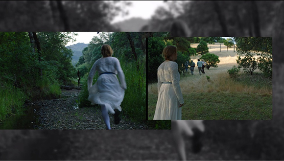 A woman in a long white dress walks through a forest and across a grassy field.