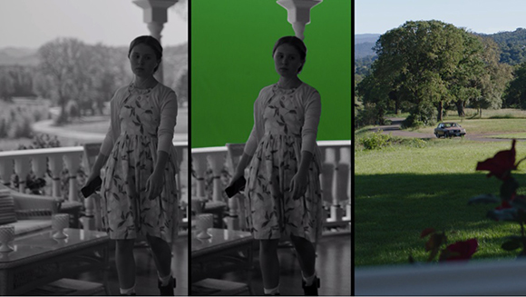 Three vertical panels showing a woman in a dress: grayscale, green screen, and final color composited scene.