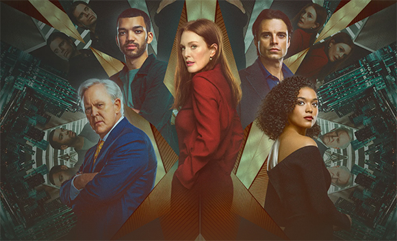 A kaleidoscopic collage of six diverse people set against a dark, patterned background.