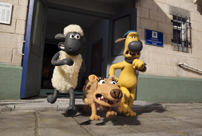 Animated sheep, yellow dog, and a lion standing outside a building labeled Animal Containment Unit.