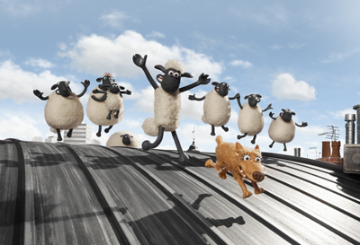Animated sheep and a dog jump joyfully across a dark, corrugated metal roof under a blue sky.