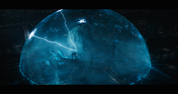 A large, translucent blue energy sphere crackling with lightning over a dark cityscape at night.