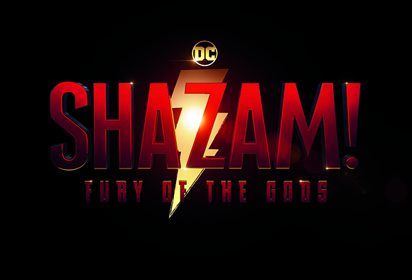 Red 3D text reading SHAZAM! with a yellow lightning bolt and subtitle Fury of the Gods on a black background.