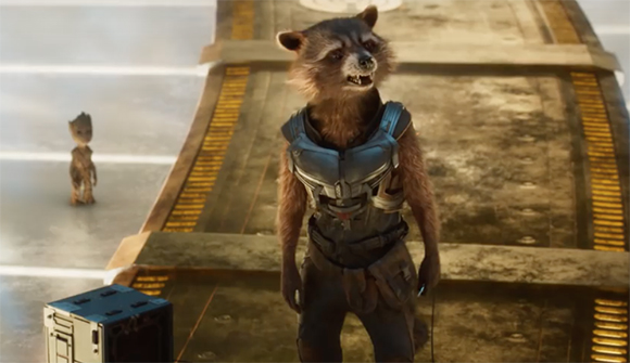 An anthropomorphic raccoon in tactical armor stands on a metal ramp with a small tree-like creature in the background.