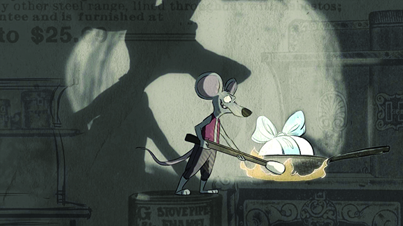 A cartoon mouse stands on a tin can, stirring food in a frying pan with a large shadow behind it.